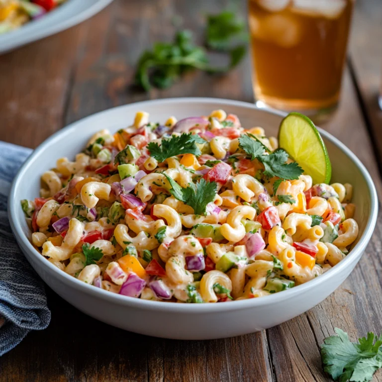 A vibrant bowl of Mexican Macaroni Salad garnished with fresh cilantro and a lime wedge, showcasing colorful diced vegetables such as red onions, yellow peppers, and fresh herbs.