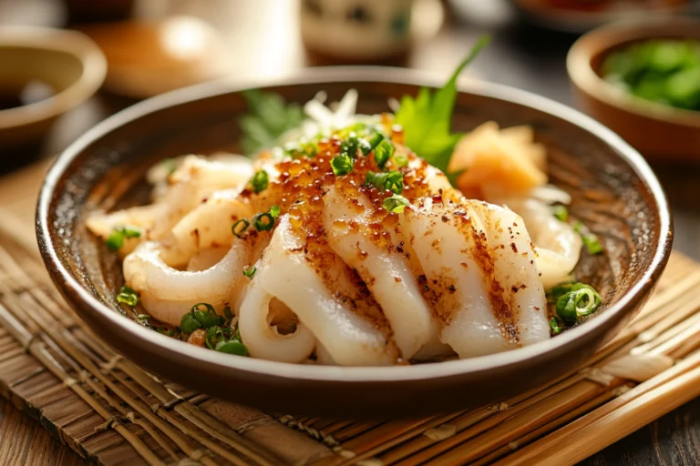 Grilled Ika (squid) served on a ceramic plate, garnished with chopped green onions and a light glaze, set on a bamboo mat in a traditional Japanese dining setup.