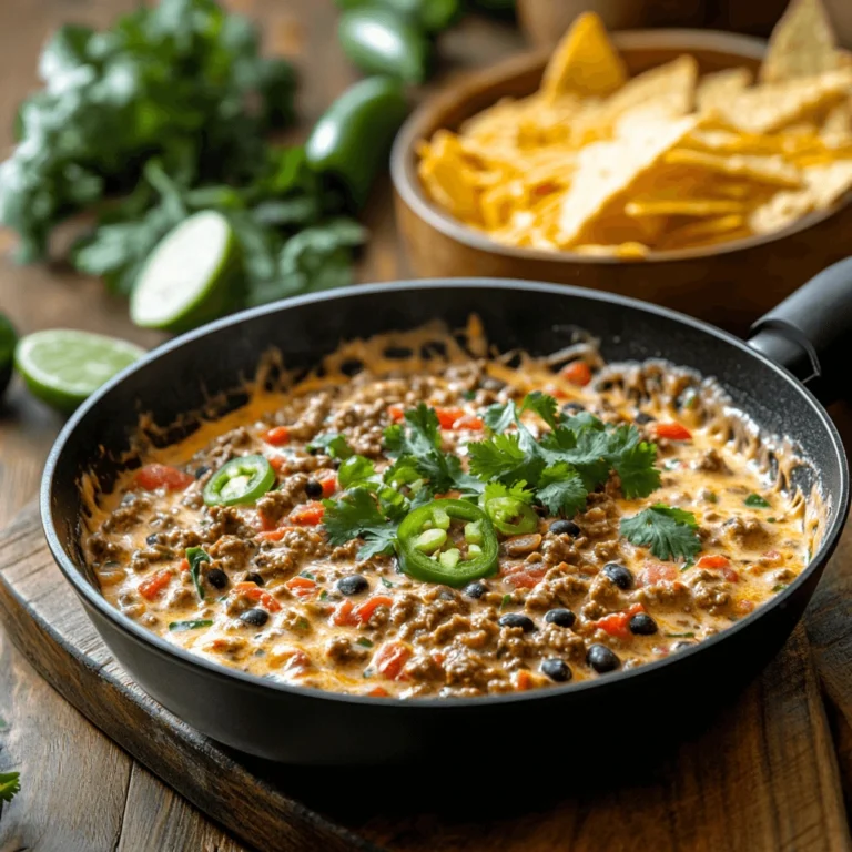 A skillet filled with creamy Rotel Dip made with ground beef, diced tomatoes, black beans, and topped with fresh cilantro and sliced jalapeños, placed on a wooden countertop with tortilla chips and fresh ingredients in the background.