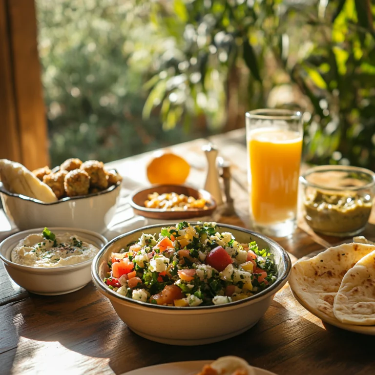 An inviting table spread featuring Israeli salad in a bowl, surrounded by hummus, falafel, flatbread, and a glass of orange juice, with a warm outdoor background.