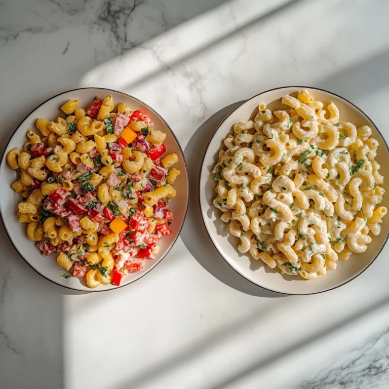 Side-by-side presentation of a colorful vegetable pasta salad and a creamy macaroni salad on a marble countertop.