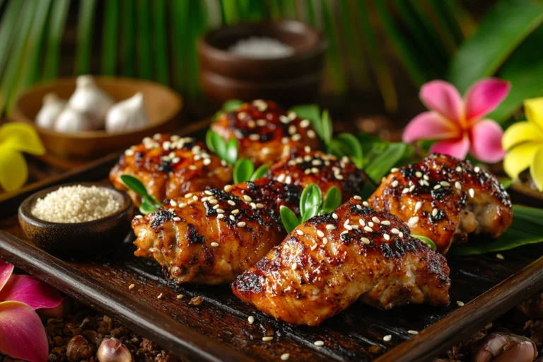 Grilled Pulehu Chicken garnished with sesame seeds and fresh greens, served on a wooden platter, surrounded by tropical flowers, garlic, and a bowl of sesame seeds.