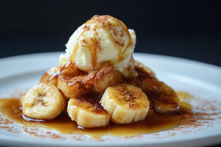 Bananas Foster dessert plated with caramelized bananas, a scoop of vanilla ice cream, cinnamon, and caramel sauce on a white plate.