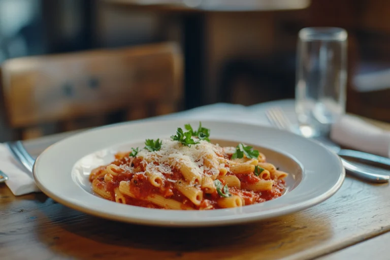 A plate of penne arrabbiata, garnished with parsley and grated cheese, showing the spicy tomato sauce. The image raises the question: Is arrabiata pasta very spicy?