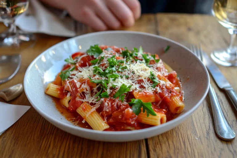 A beautifully plated dish of Penne Arrabiata garnished with fresh parsley and grated cheese.