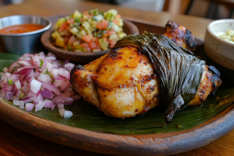 A beautifully presented Chicken Mukibil, unwrapped from banana leaves, served with pickled onions, fresh salsa, and a side of sauce.