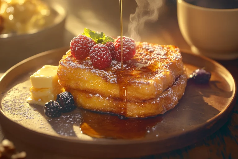 A close-up of golden-brown pancake batter French toast drizzled with syrup, topped with fresh raspberries, blackberries, and powdered sugar, served on a rustic plate with melting butter.