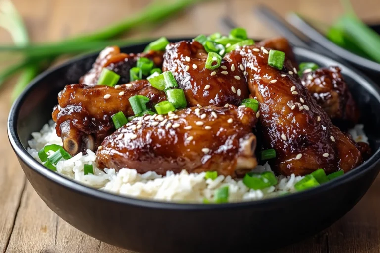 A bowl of braised chicken wings with rich glaze and sesame seeds, served on rice, showcasing the benefits of eating chicken tendons and chicken connective tissue for added nutrition.