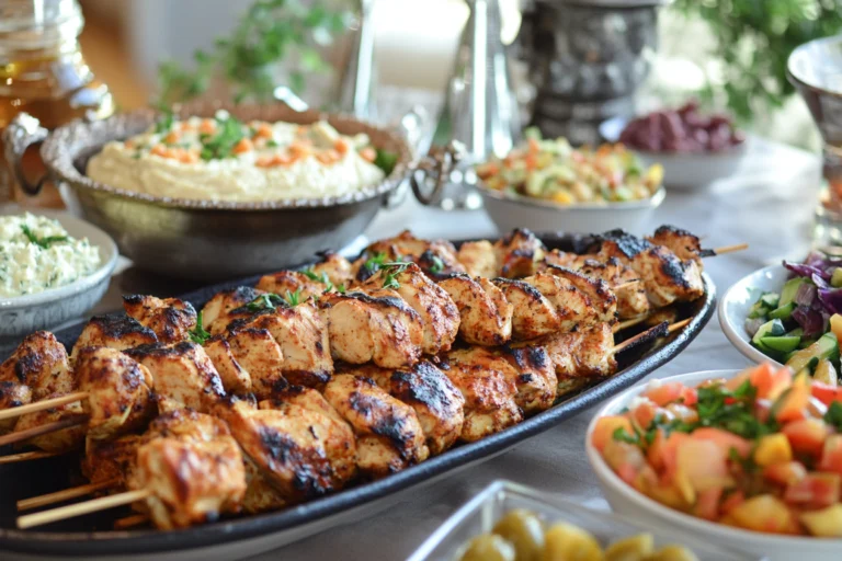 A platter of grilled Chicken Adana kebabs surrounded by bowls of hummus, fresh salads, and other vibrant side dishes, creating a Mediterranean-style feast.