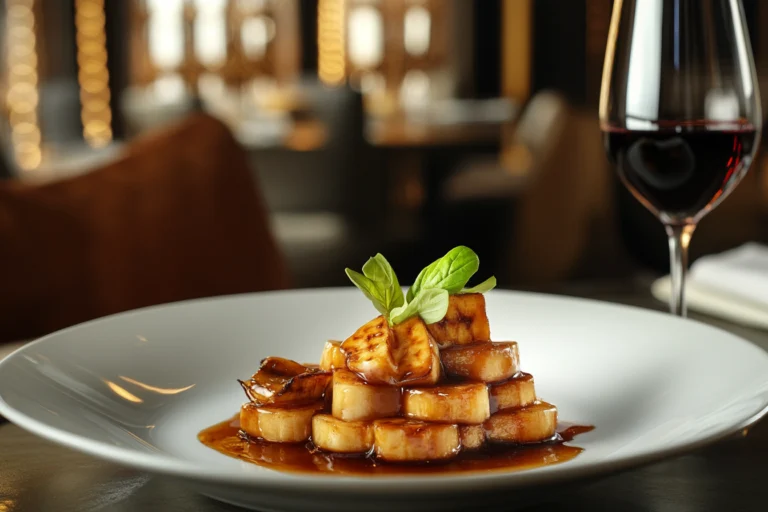 Bananas Foster dessert with caramelized bananas served in a luxurious restaurant setting, highlighting the elegance of this New Orleans culinary icon.