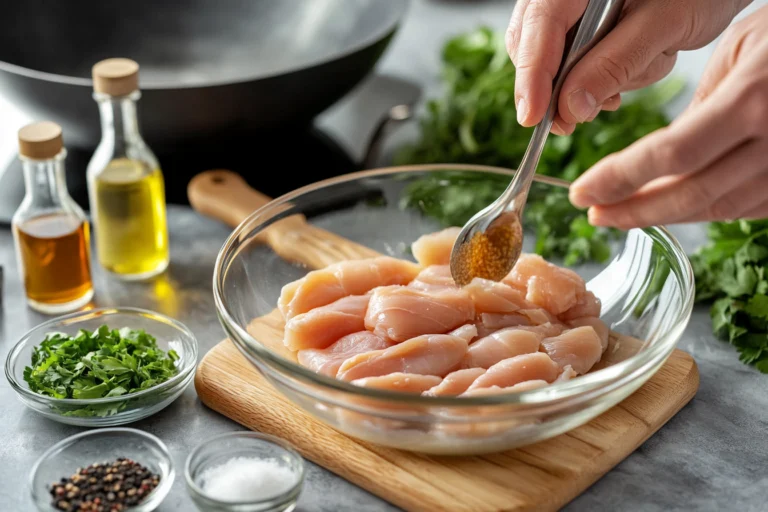 A chef's hand sprinkling spices over raw, thinly sliced chicken pieces in a glass bowl, surrounded by fresh herbs, seasoning bowls, and bottles of oil, with a wok in the background.