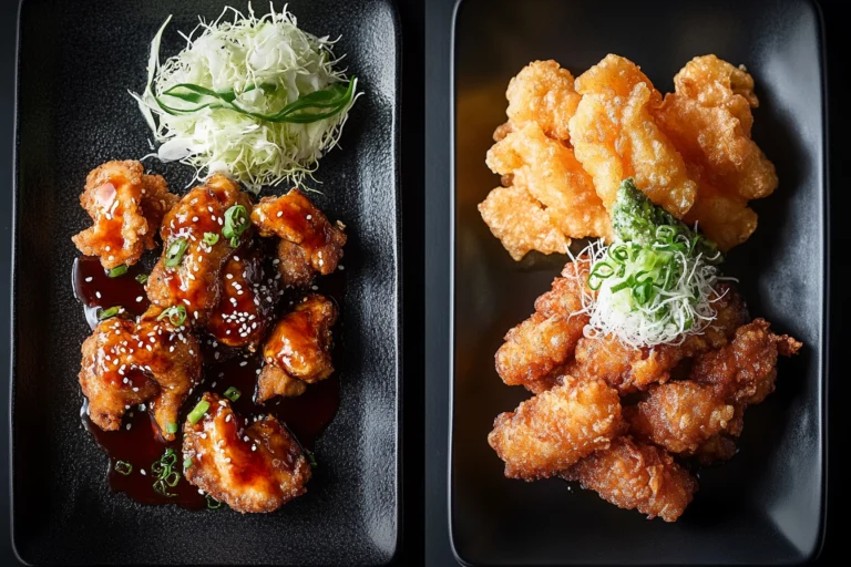 A side-by-side presentation of two types of Japanese fried chicken dishes, featuring saucy Chicken Nanban and crispy Karaage.