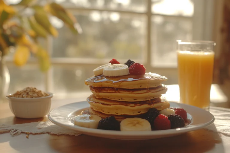 A stack of banana pancakes topped with banana slices, fresh berries, and a drizzle of honey, accompanied by a glass of orange juice and a bowl of oats, set on a breakfast table with sunlight streaming through a window.