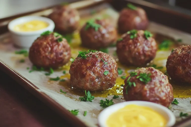 Freshly baked sausage balls garnished with parsley on a parchment-lined baking tray, accompanied by small bowls of dipping sauce.