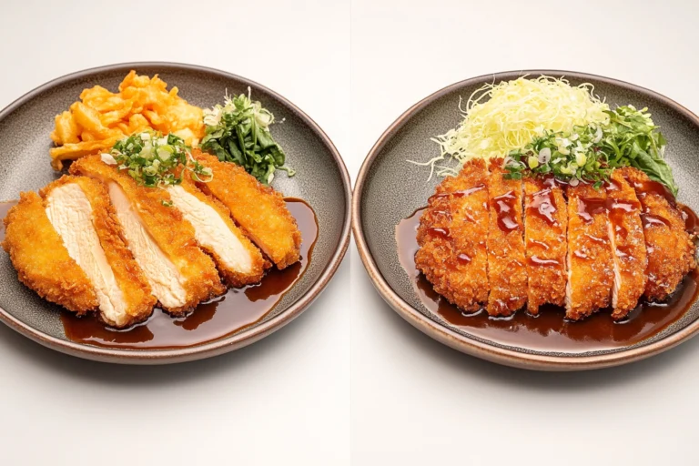 Side-by-side plates of Chicken Katsu and Chicken Nanban, each served with sauces and fresh vegetables.