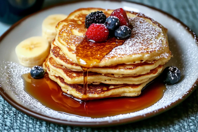 A stack of golden brown pancakes drizzled with maple syrup, topped with fresh berries and powdered sugar, served alongside sliced bananas on a plate.