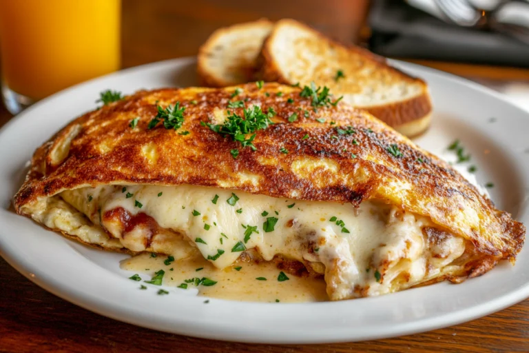 A golden-brown chicken omelette filled with melted cheese and tender chicken, garnished with fresh herbs and served with toasted bread.