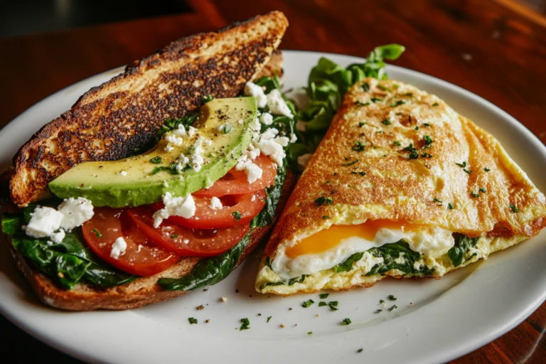 A healthy breakfast plate with a golden omelet and avocado toast topped with feta cheese, spinach, and tomatoes.