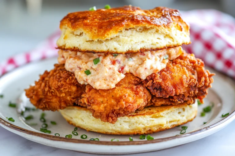 A crispy fried chicken biscuit sandwich with a creamy pimento cheese spread, garnished with chopped green onions.