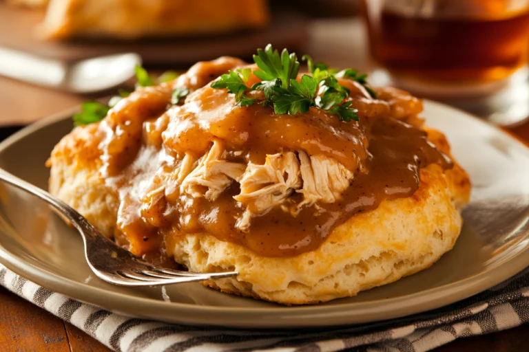 A plate of homemade biscuits topped with shredded chicken and smothered in rich brown gravy, garnished with fresh parsley.